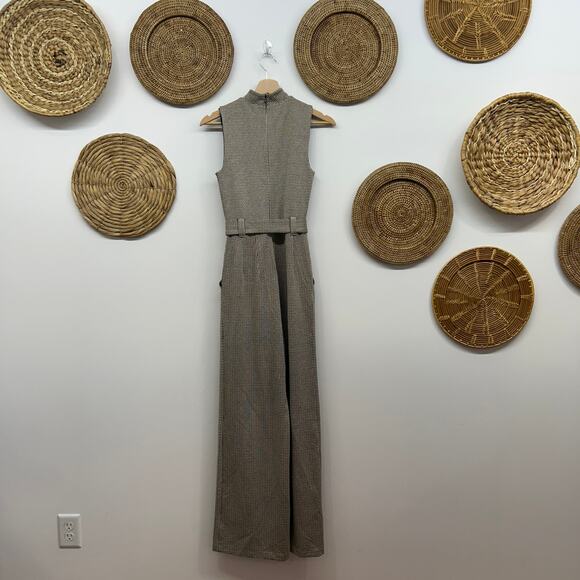 Express Houndstooth Mock Neck Belted Wide Leg Jumpsuit XS Brown Black Neutral - Picture 3 of 8